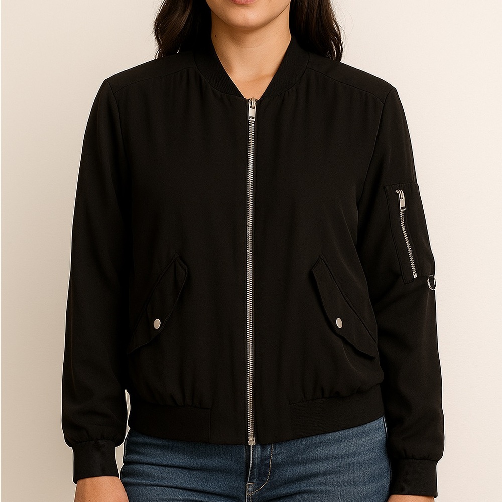 Zara black basic collection bomber like new small size silver zipper